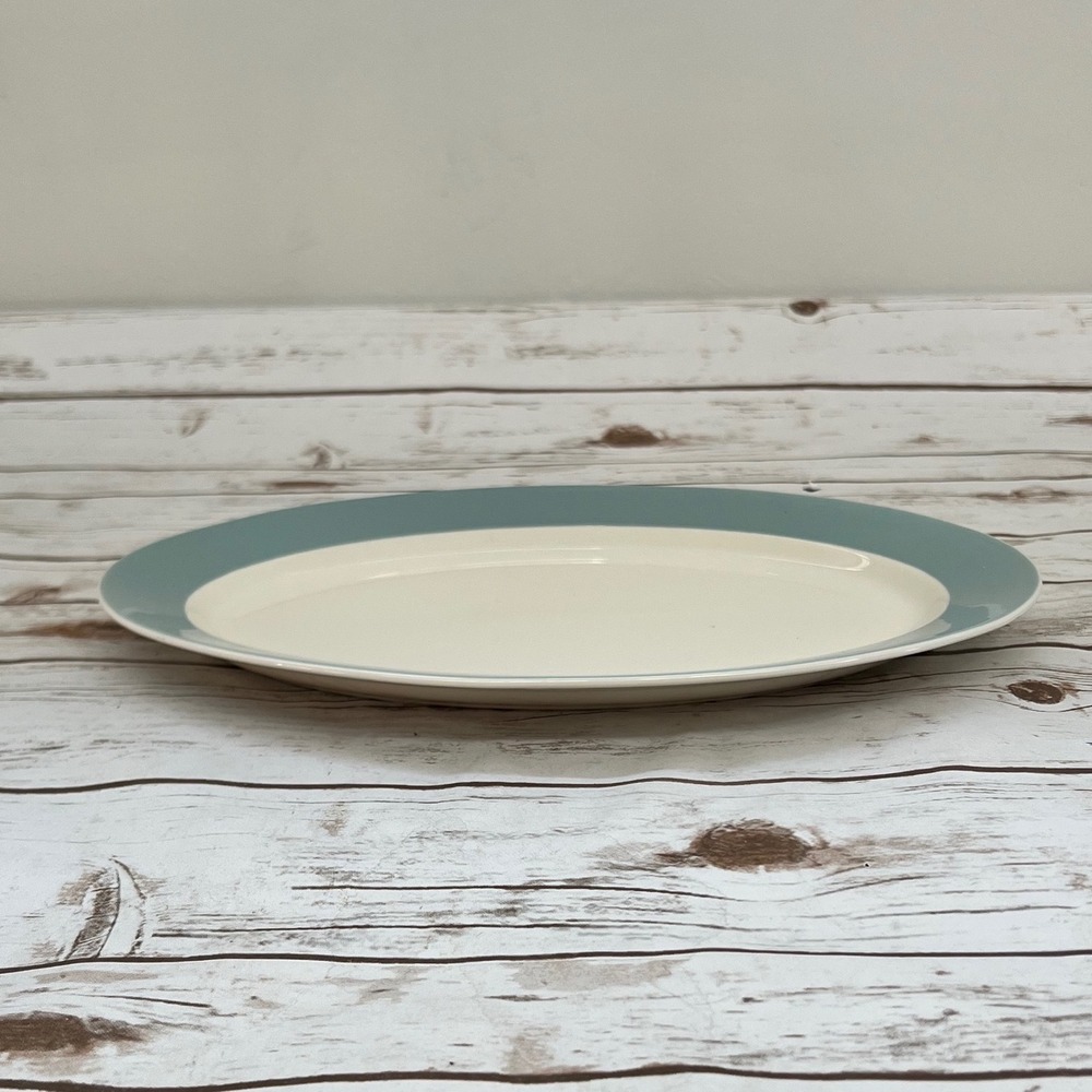 VTG MCM Serving Platter Green Cream Oval Ceramic Minimalist 14.5in